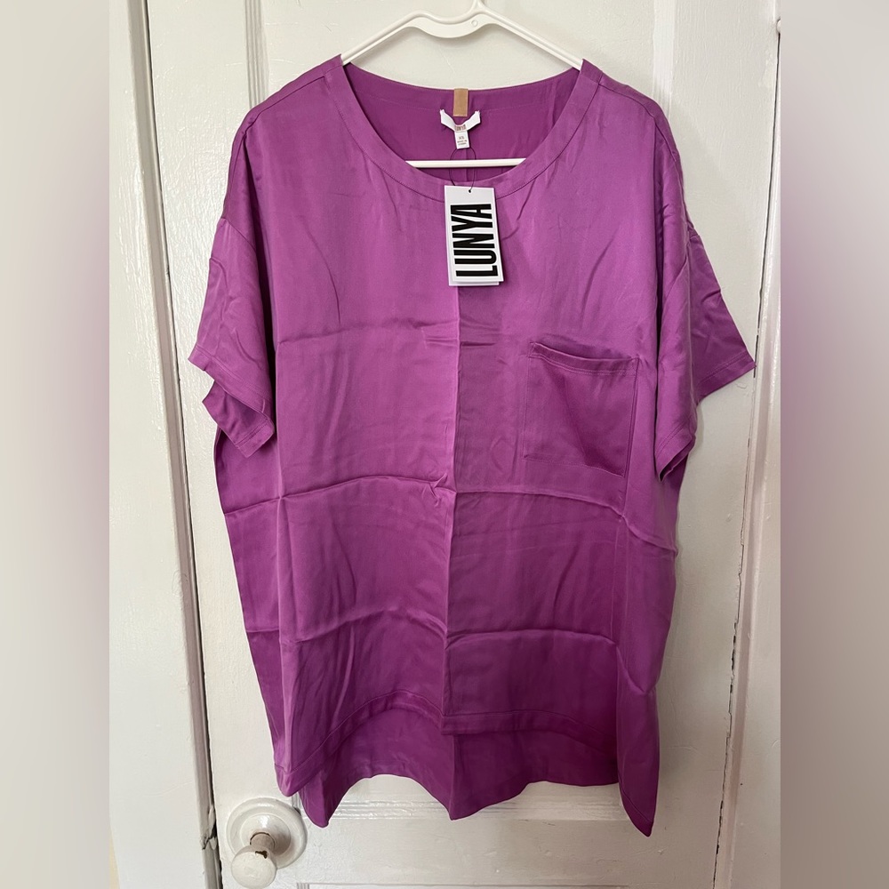SOLD EBAY NWT Lunya Silk Tee/Shorts Sleep Set in Atmospheric Fucshia sz XS - Picture 1 of 8